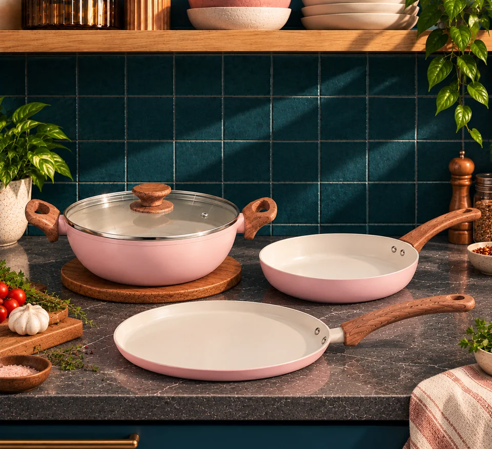 Blush Pink Stellyfire forged ceramic cookware collection