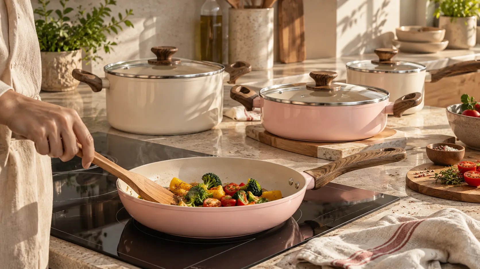 Stellyfire Maison Duo — kadhai and frypan in Blush Pink forged ceramic