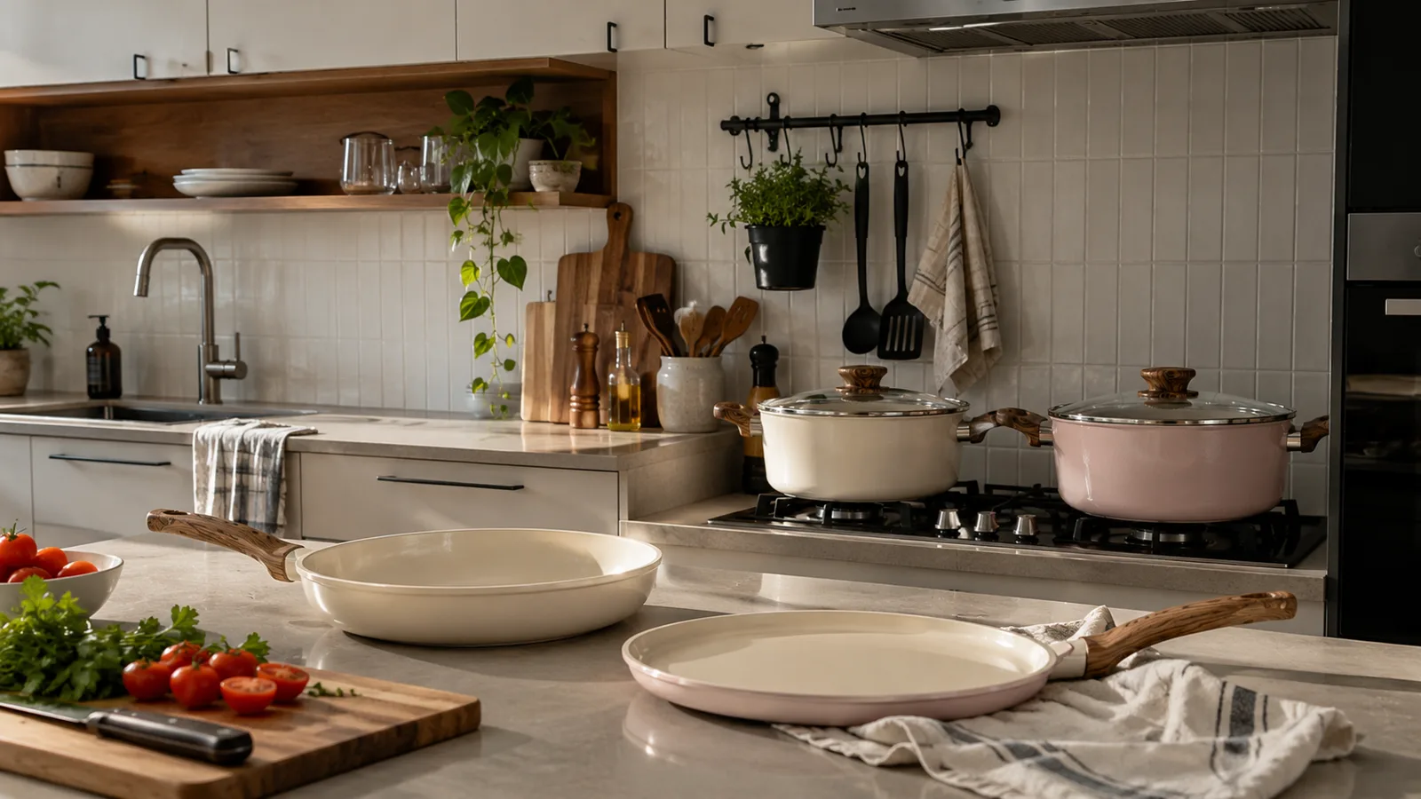 Stellyfire cream frypan, pink ceramic tawa and casserole pots in a modern kitchen with wooden handles