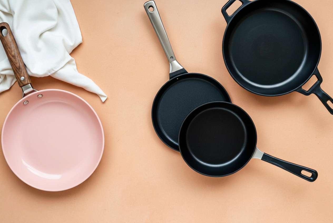 Blush pink ceramic pan beside non-stick, stainless steel and cast iron pans