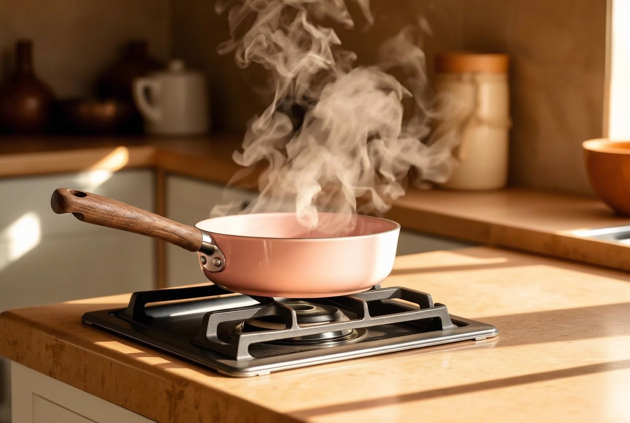 A ceramic pan warming on a gas flame in a home kitchen