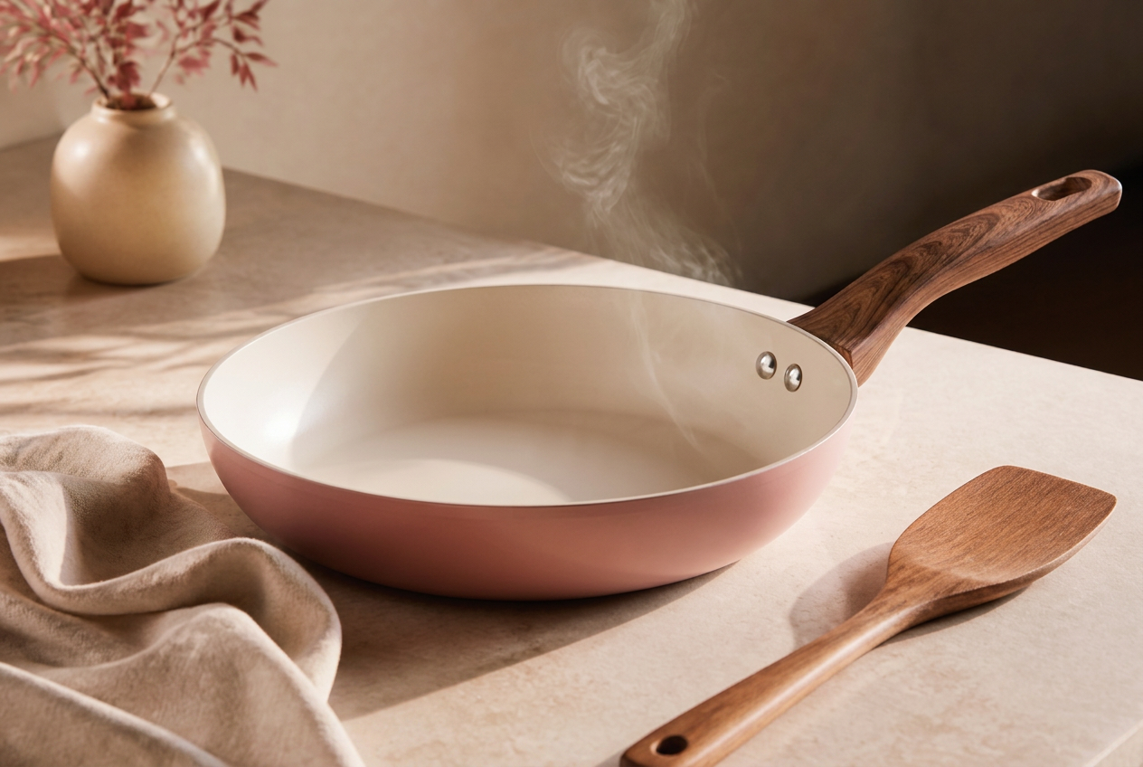Stellyfire forged ceramic frypan resting on a warm stone kitchen counter