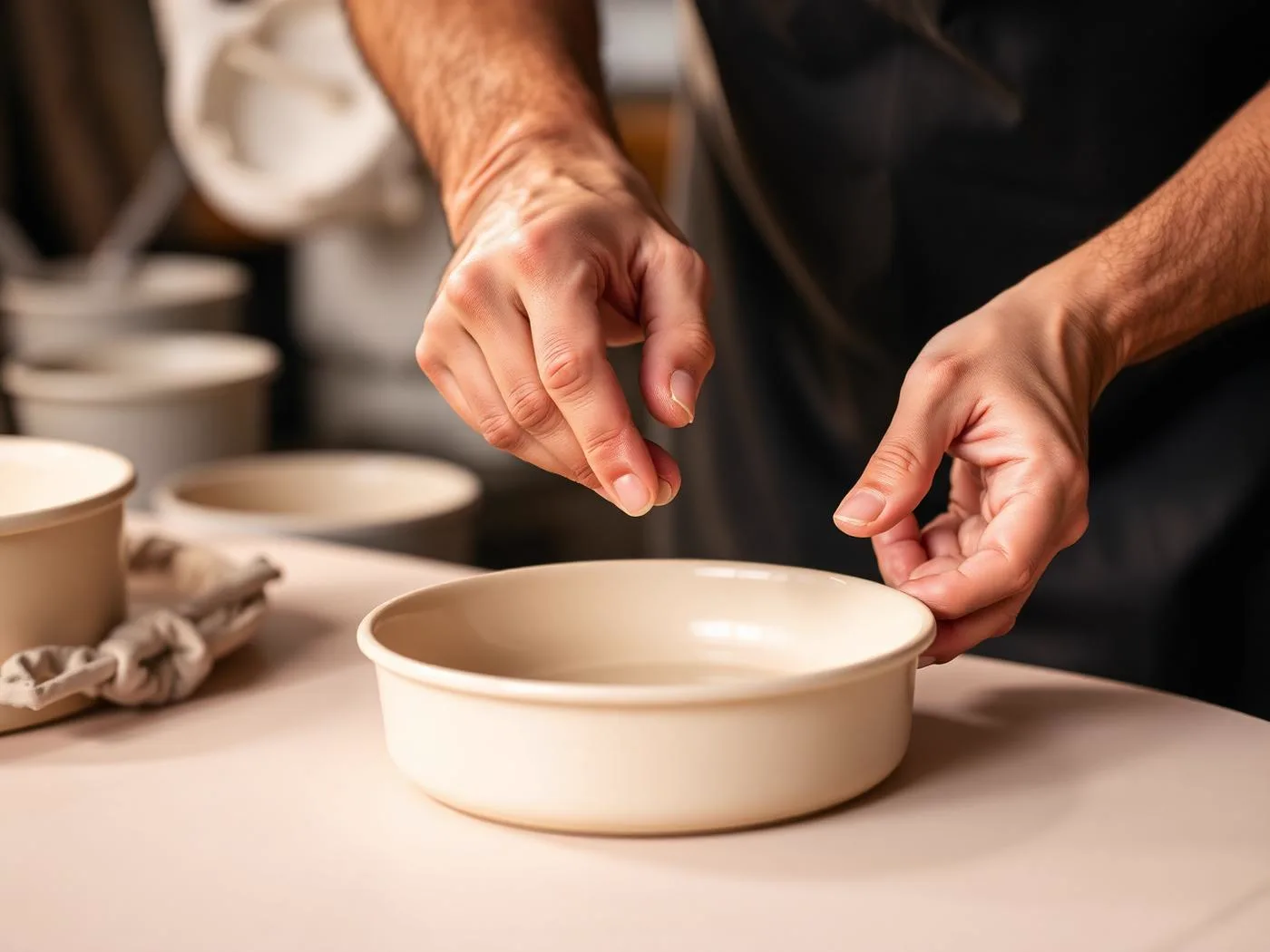 Hands inspecting a freshly coated ceramic pan