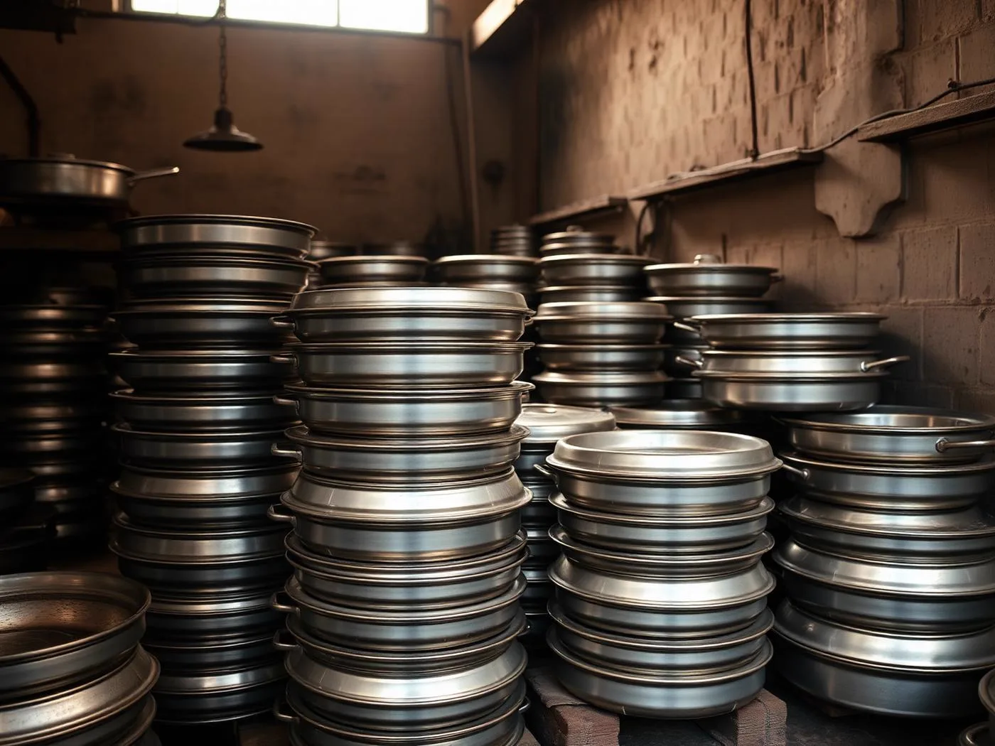 Forged aluminium pan bodies stacked in a Haryana workshop
